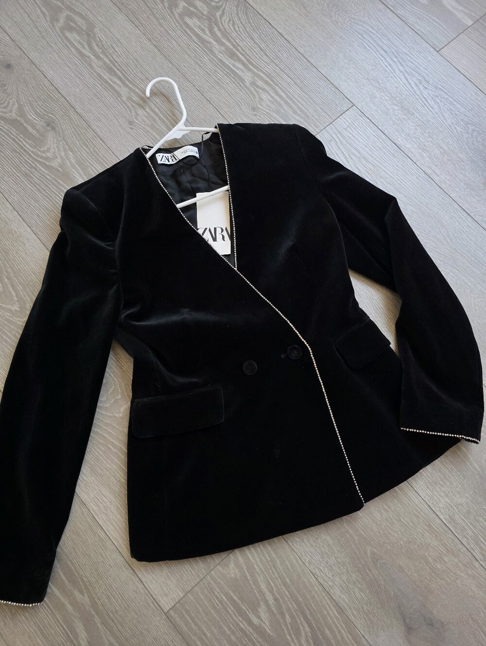Zara Black Velvet Double-Breasted Blazer with Silver Trim